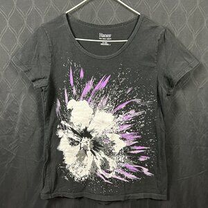 Y2K Baby Tee Womens Small Black Purple Flower T Shirt 00s Grunge Goth Floral